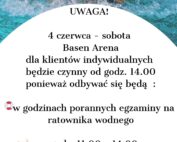 plakat- pływak- informacja o dostepie Basenu Arena w dniu 4 czerwca