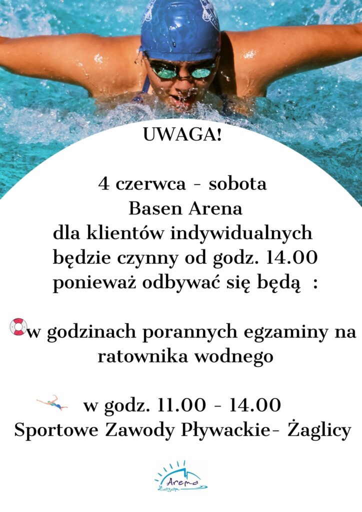 plakat- pływak- informacja o dostepie Basenu Arena w dniu 4 czerwca