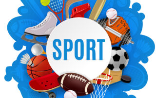 Logo sportowe z łyżwami, koszem, piłkami