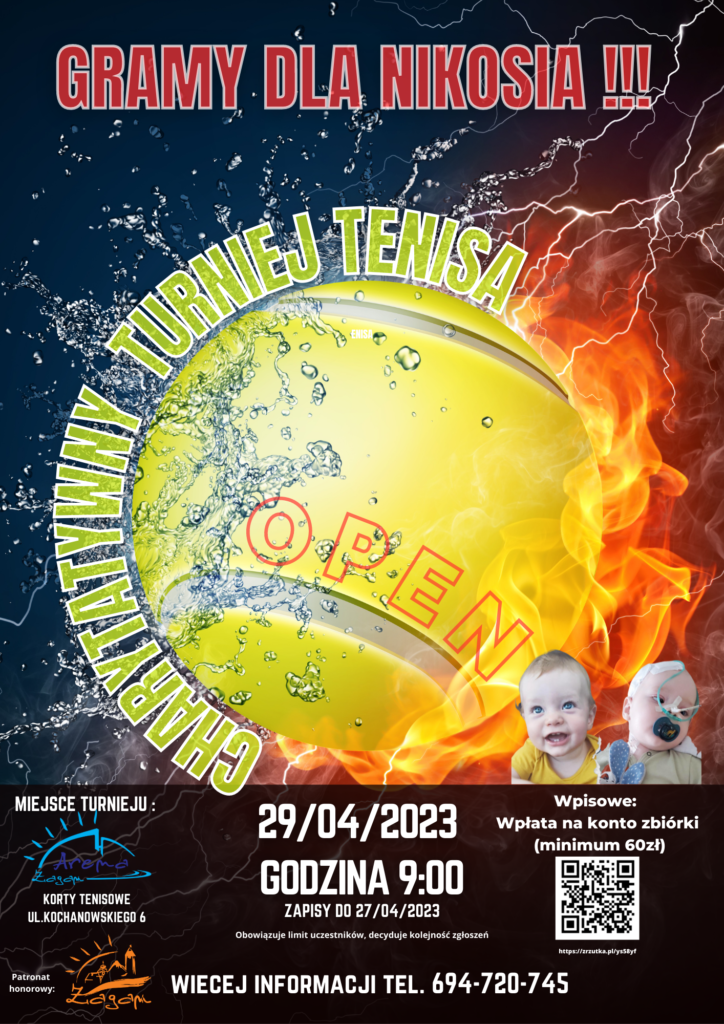 Plakat dotyczący charytatywnego turnieju tenisa ziemnego
