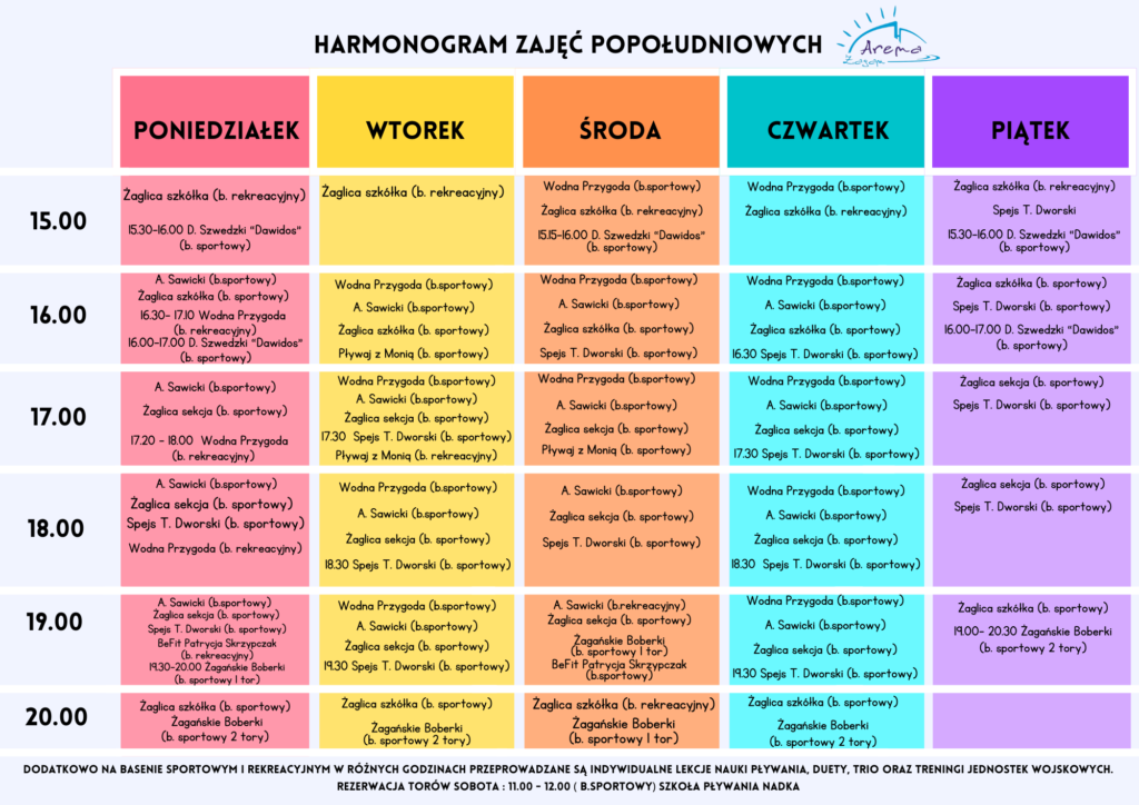 harmonogram zajęć popołudniowych