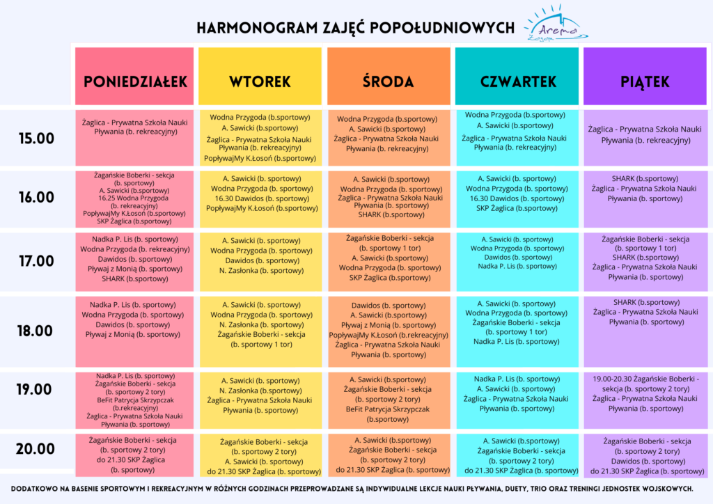 Grafik zajęć popołudniowych na basenie
